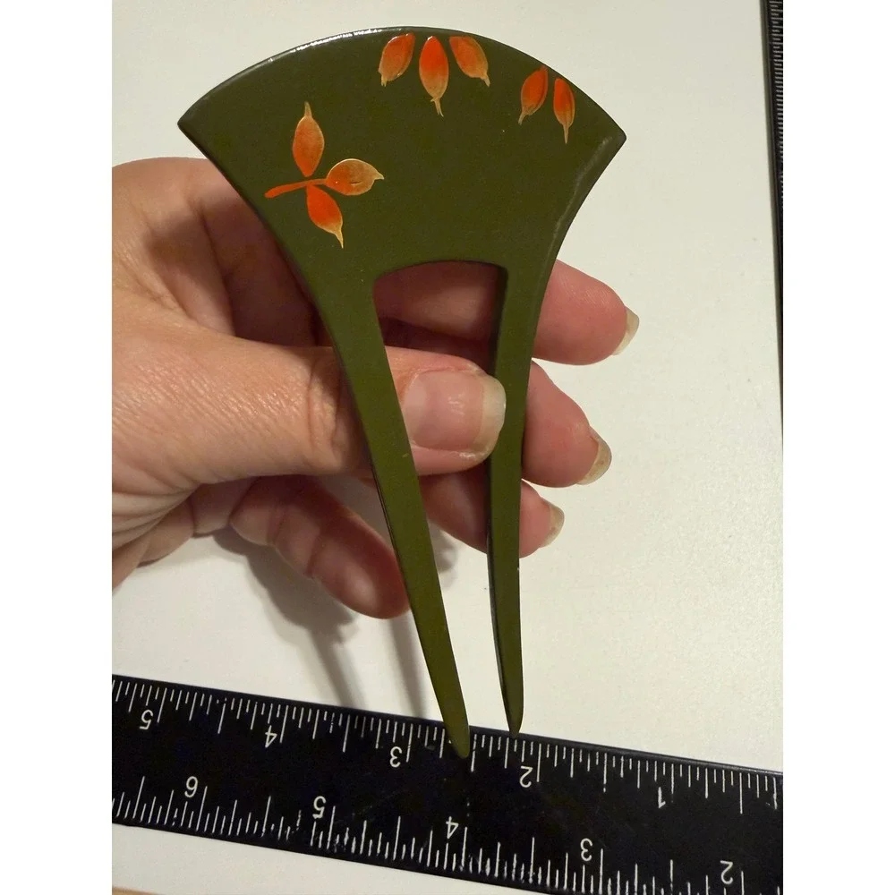 Vintage Japanese Kanzashi Hair Pin Fan Shape Gold Wheat Abalone Shell Signed